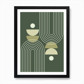 Mid Century Modern Geometric Moon Phases Sun Rainbow Abstract in Dark Rustic Forest Sage Green Art Print