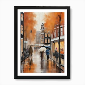 Amsterdam cafes, autumn season, rain, autumn oil colours.Faded colours,People passing on the street, winter clothes, rain umbrellas.12 2 Art Print