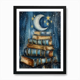 Books Moon Stars Reading Nook Print Fantasy Print Cozy Home  Art Print