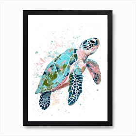 Pastel Blue Paint Splash Sea Turtle On A White Background Art Print