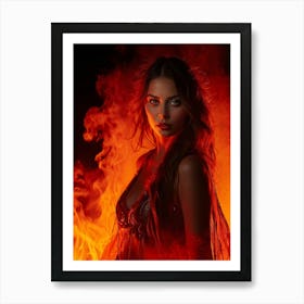 Woman With Intense Scarlet Gaze Enveloped In Flames Gaze As The Focal Point Radiating Heat Vibrant Art Print