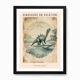 Vintage Stegosaurus Dinosaur On A Surf Board 2 Poster Art Print