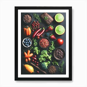 Healthy Foods On Black Background Art Print