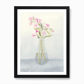 watercolor painting floral flower pink grey gray light vase nature hand painted vertical living room bedroom kitchen bathroom office art hotel Art Print