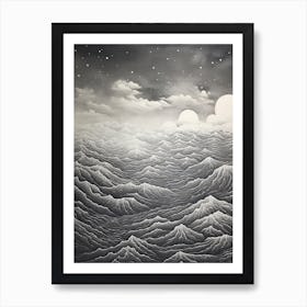 Yatsugatake Mountains In Yamanashi, Ukiyo E Black And White Line Art Drawing 2 Art Print