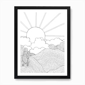 Sunrise In The Mountains Drawing Line Art Hills Art Print