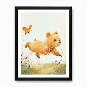 Sloth Bear Cub Chasing After A Butterfly Storybook Illustration 3 Art Print