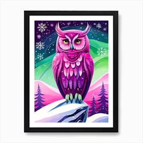 Pink Owl Snowy Landscape Painting (148) Art Print