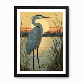 Vintage Bird Linocut Egret 4 Art Print