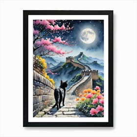 Black Cat At The Great Wall Of China - Blossom Trees in Spring Mystical Black Kitty Travels to Walk Along The 7 Wonders of the World - Enchanting Watercolor Full Moon Colorful HD Art Print