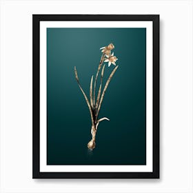 Gold Botanical Narcissus Calathinus on Dark Teal n.0451 Art Print