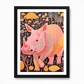Linocut Inspired Pink Orange & Yellow Rhino  4 Art Print
