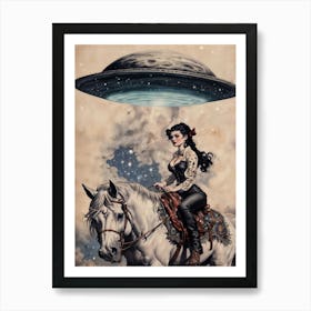 Vintage Gothic Pinup Cowgirl on Her Trusty Horse Awaits Her Alien Cowboy's Arrival Art Print