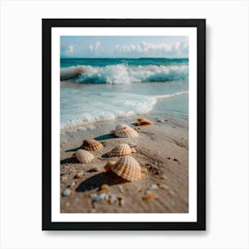 Seashells on Sandy Shore - Serene Beach Wave Scene Art Print