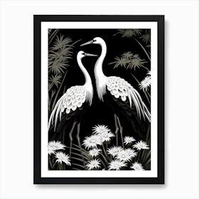 Black And White Cranes 4 Vintage Japanese Botanical Art Print