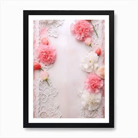 Pink Flowers On Lace Background 1 Art Print