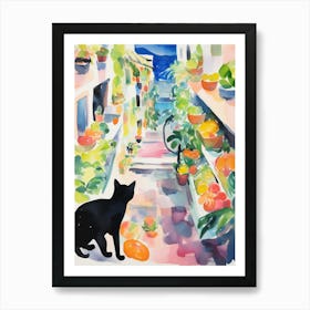 Food Market With Cats In Positano 1 Watercolour Art Print