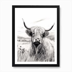 Black & White Illustration Of Highland Cow In Grass Art Print
