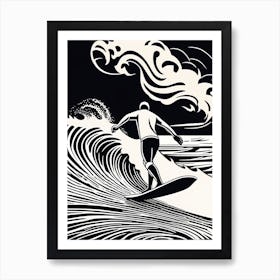 Linocut Black And White Surfer On A Wave art, surfing art, 1 Art Print