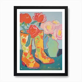 Painting Of Red Flowers And Cowboy Boots, Oil Style 7 Art Print