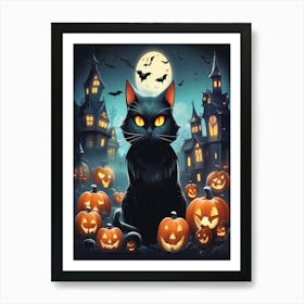 Black Cat With Pumpkins 2 Art Print