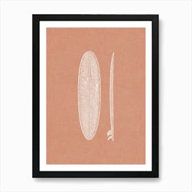 Vintage Surfboard Silhouette On Terracotta Linen Texture Art Print