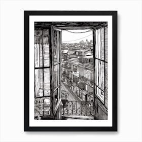 A Window View Of Buenos Aires In The Style Of Black And White  Line Art 3 Art Print