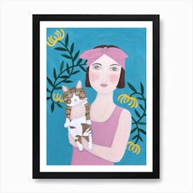 Woman In Pink Dress With Cat Art Print
