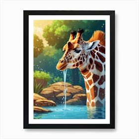 Giraffe Drinking Water Art Print