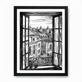 A Window View Of Vienna In The Style Of Black And White  Line Art 1 Art Print