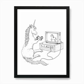 Unicorn Playing Video Games Black & White Doodle Art Print