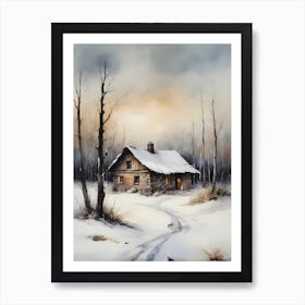 Rustic Winter Oil Painting Vintage Cottage (28) Art Print
