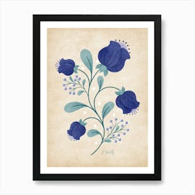 Folk Art Style Blue Anemones Art Print