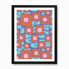 Abstract Flower Pattern Blue Red Pink Art Print