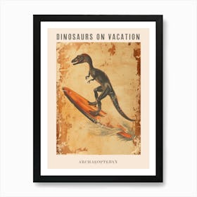 Vintage Archaeopteryx Dinosaur On A Surf Board Poster Art Print