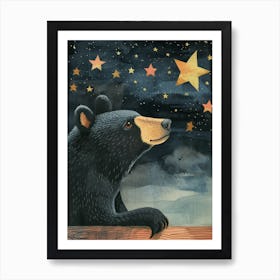 American Black Bear Looking At A Starry Sky Storybook Illustration 1 Art Print