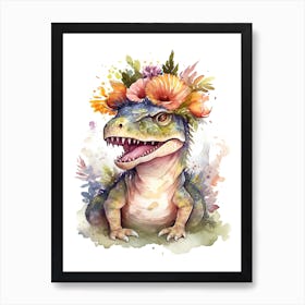 Spinosaurus With A Crown Of Flowers Cute Dinosaur Watercolour 1 Art Print