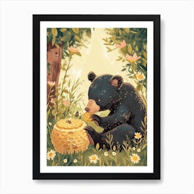 American Black Bear Cub Playing With A Beehive Storybook Illustration 2 Art Print