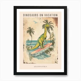 Vintage Apatosaurus Dinosaur On A Surf Board 2 Poster Art Print