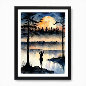 At The Lake ~ Full Moon Contemplating Serenity Calm Yoga Meditating Spiritual Grounding Heart Open Buddhist Indian Travel Guidance Wisdom Peace Love Witchy Beautiful Watercolor Woman Trees Blue Silhouette Art Print