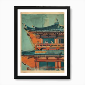 Tourists Visiting A Traditional Japanese Castle Mid Century Modern Art Print