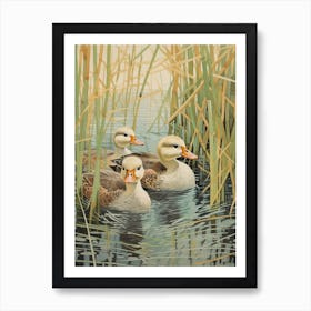 Ducklings With The Pond Weed Japanese Woodblock Style 2 Art Print