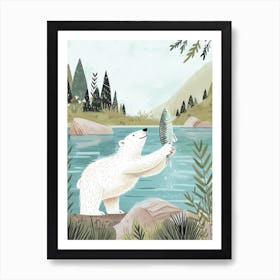 Polar Bear Catching Fish In A Tranquil Lake Storybook Illustration 1 Art Print