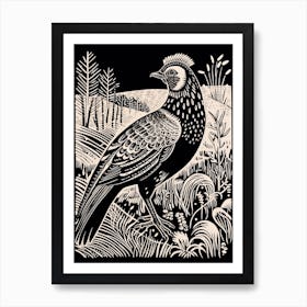 B&W Bird Linocut Pheasant 8 Art Print