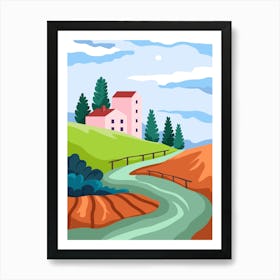 Scenery In Rural Area Village Or Town With River Art Print