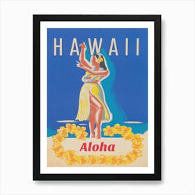 Hawaii Hula Girl, Colorful Retro Vintage Travel Poster Art Print