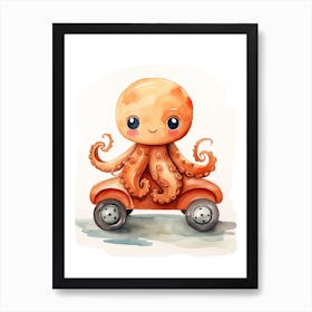 Baby Octopus On A Toy Car, Watercolour Nursery 3 Art Print