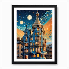 Casa Batllo Barcelona ~ Spain Travel Adventure Visionary Wall Decor Futuristic Sci-Fi Trippy Surrealism Modern Digital Psychedelic Cubic Fantasy Art Full Moons Stars Mandala Spiritual Fractals Space DMT Vibrant Art Print