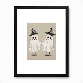 Cute Ghosts ~ Cutie Halloween Best Friends BFF Bestie Artwork - Drawing of 2 vintage ghost Friends Holding Hands With Witchy Hats on Out Trick Or Treating, Spooky Little Ghosties, Witches Artwork, Gothic, Spooky Cute Art Print