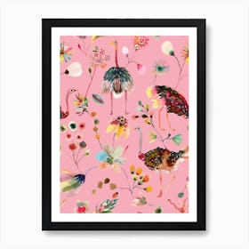 Ostriches And Floral Pink Art Print